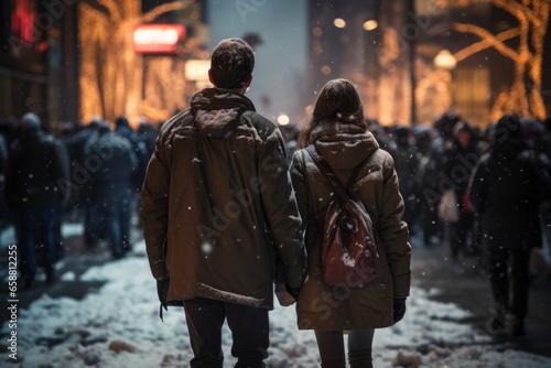 People walking in the snow Winter season, chilly, cold frost, morning freshness, December, winnye everyday life, winter season, snowflakes snowfall . Cold air temperature . © Ruslan Batiuk