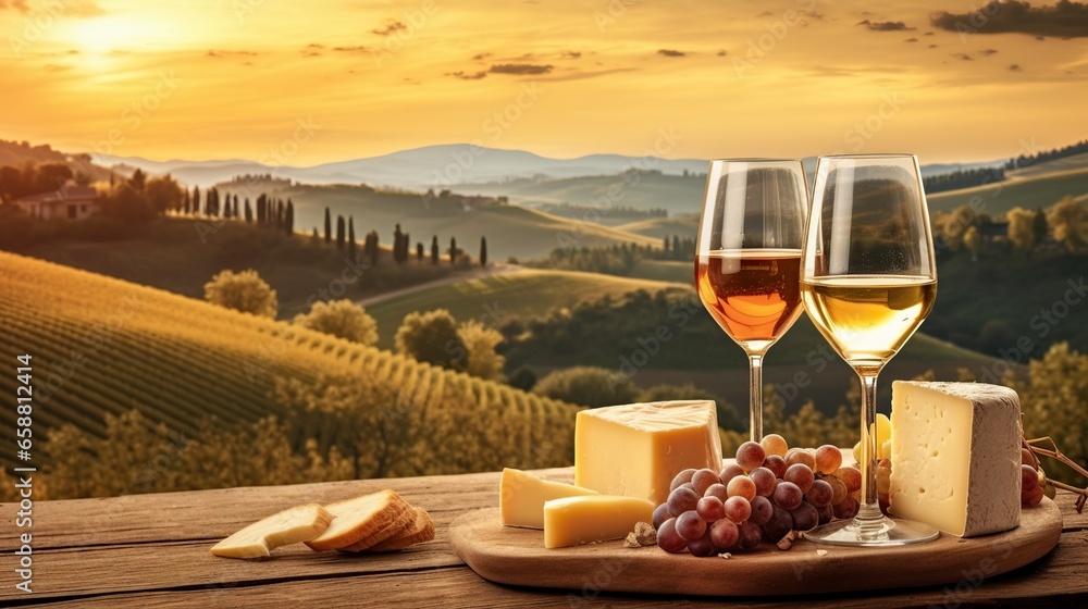 image of cheese and wine with a background of an Italian landscape