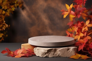 Brown stone round podium platform showcase stand for cosmetic, beauty product presentation. Autumn colorful fall leaves in background. Front view