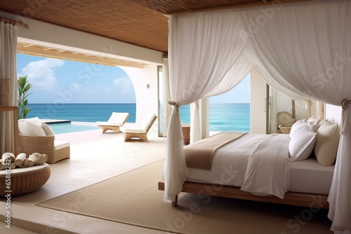 Stunning room with pristine bed overlooking the ocean. Generative AI