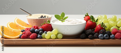 A hand dipping fresh fruit skewers into yogurt dip With copyspace for text