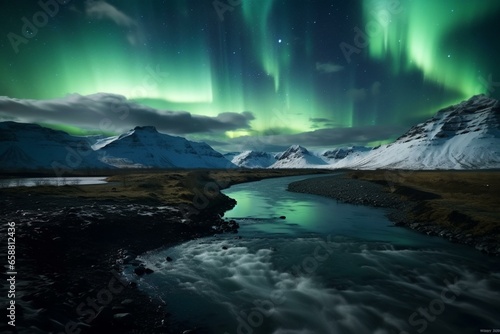 Beautiful nocturnal scenery with mesmerizing aurora borealis. Generative AI © Marius