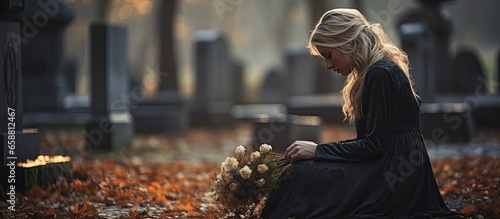 Grieving woman at cemetery mourning and crying for the deceased With copyspace for text