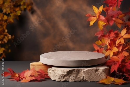 Brown stone round podium platform showcase stand for cosmetic, beauty product presentation. Autumn colorful fall leaves in background. Front view