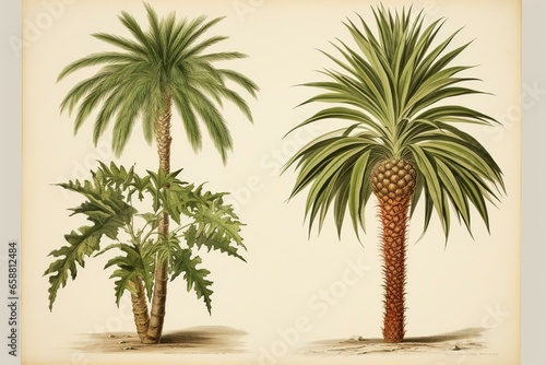 Two types of palm plants portrayed in a vintage illustration. Generative AI photo
