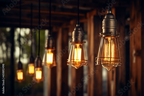 Retro hanging lamps with vintage style industrial lightbulbs casting warm light in interior. Generative AI