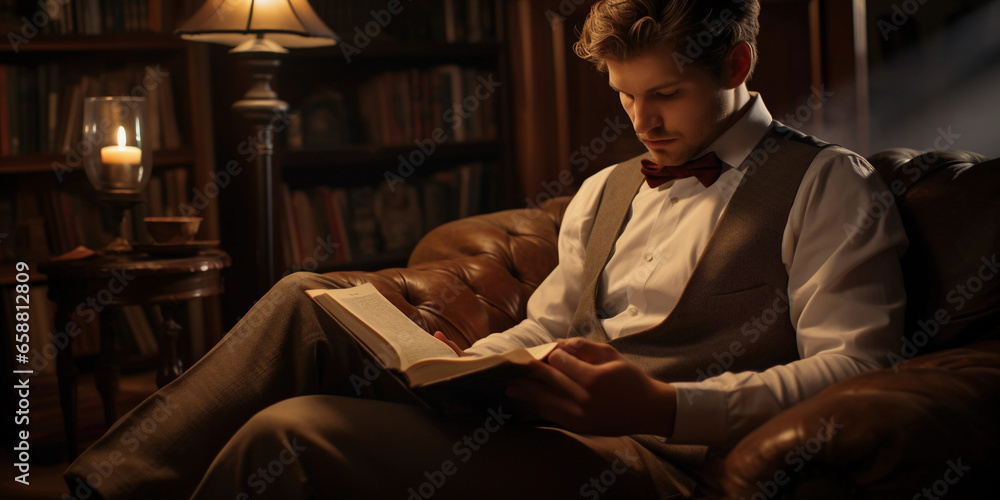 Handsome man reading book in classy clothes. Wise gentle man research scientific literature.