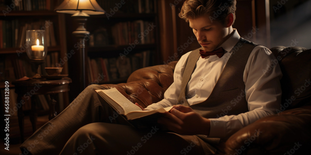 Handsome man reading book in classy clothes. Wise gentle man research scientific literature. Handsome man reading book in classy clothes. Wise gentle man research scientific literature.