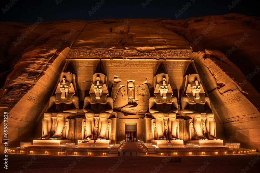 Night view of Pharaoh Ramses II's statue in front of his grand temple in Abu Simbel. Generative AI - obrazy, fototapety, plakaty 
