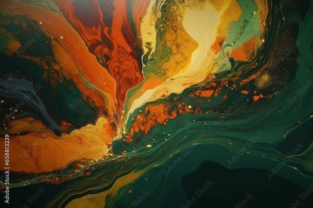 Stunning swirling liquid in green and orange with shimmering golden glitter. Vibrant abstract art style. Generative AI