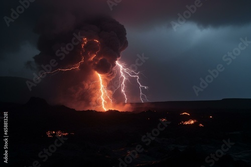 Eruption unveils smoke, lava, and lightning in the dark sky. Generative AI