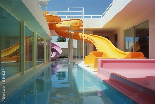 Empty colored slide and pool prototype  various perspectives. Generative AI