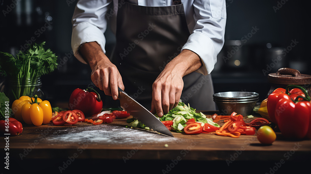 Closeup chef hands cutting food on desk. Cooking food in kitchen of restaurant. Hotel catering concept. 