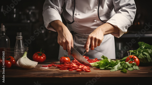 Closeup chef hands cutting food on desk. Cooking food in kitchen of restaurant. Hotel catering concept. 