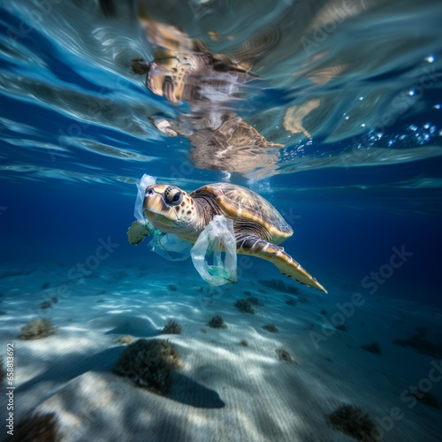 Turtle with plastic piece underwater