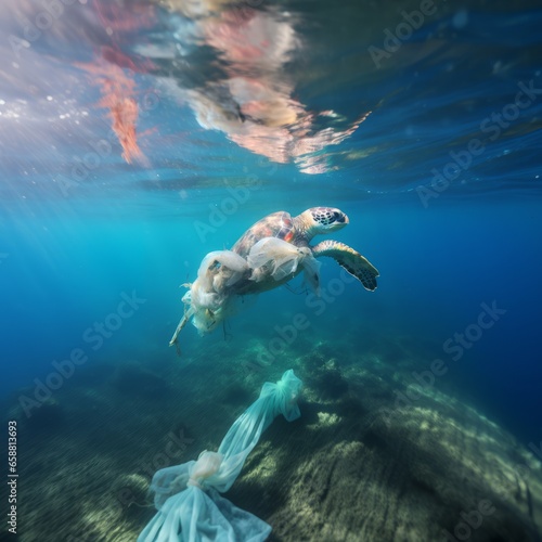 Turtle entangled in polyethylene underwater © Victoria