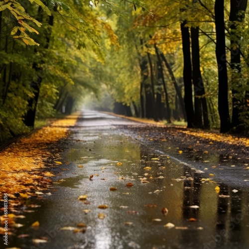 Wet road amidst autumn park © Victoria