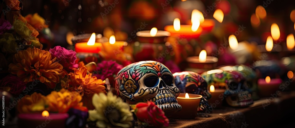 Polish decorations for the cemetery during the autumn Christian festival with candles and flowers for Day of the Dead With copyspace for text