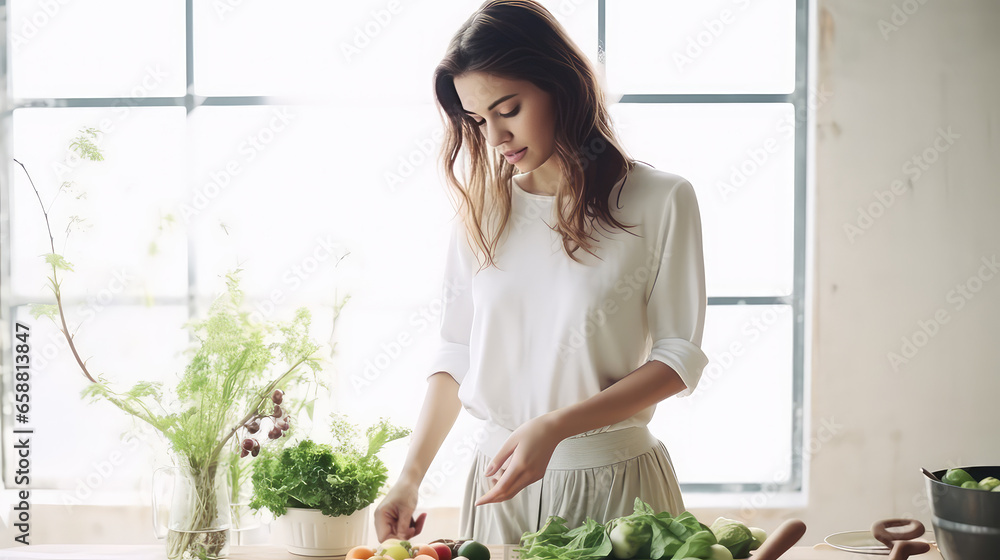 Pretty young woman cooking at kitchen, light colors interior. Cooking at home, comfortable kitchen and kitchen utensils, healthy food. Pretty young woman cooking at kitchen, light colors interior. Cooking at home, comfortable kitchen and kitchen utensils, healthy food.