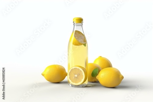 Bottle with lemon juice. 12oz (11oz) or 355ml (330ml) volume. Isolated 3D render on white. Generative AI