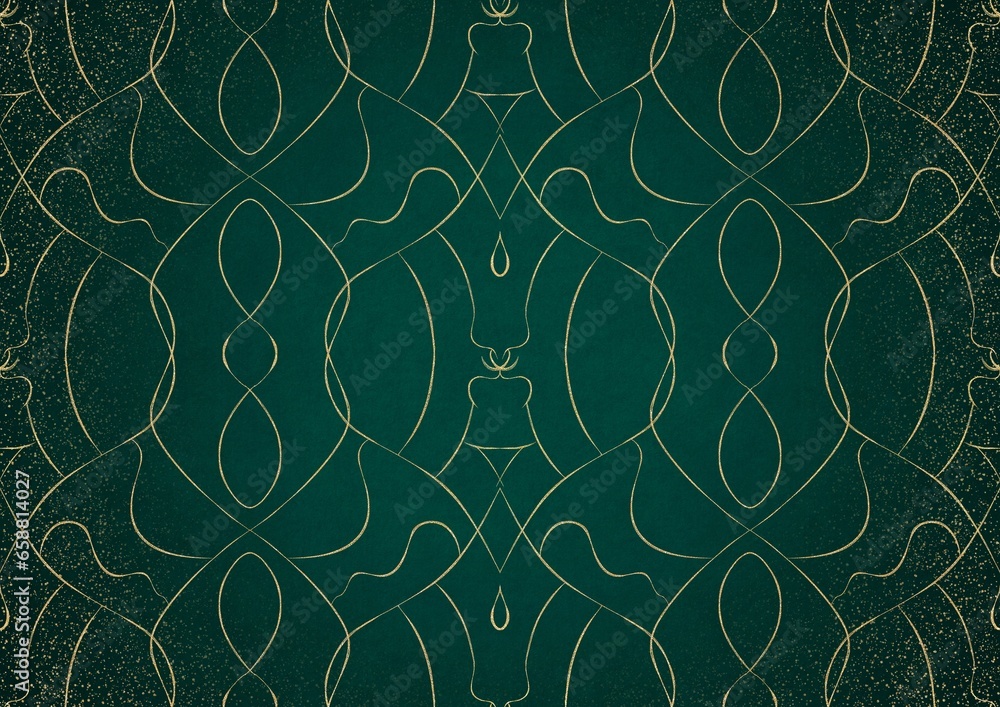 Hand-drawn unique abstract gold ornament on a dark green cold background, with vignette of darker background color and splatters of golden glitter. Paper texture. A4. (pattern: p08-1b) Hand-drawn unique abstract gold ornament on a dark green cold background, with vignette of darker background color and splatters of golden glitter. Paper texture. A4. (pattern: p08-1b)