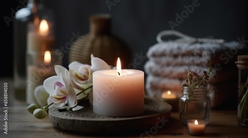 Spa salon. Spa supplies, burning candle and flower on table in beauty salon