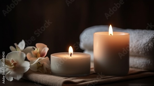 Spa salon. Spa supplies  burning candle and flower on table in beauty salon