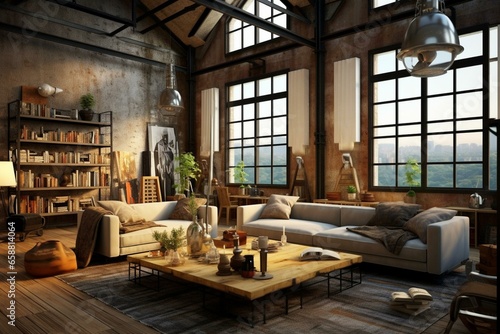 Chic living room with an industrial loft vibe. Generative AI © Jacob