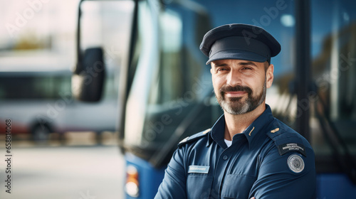 Happy public transport driver in front of bus looking at camera. Copy space. © PaulShlykov