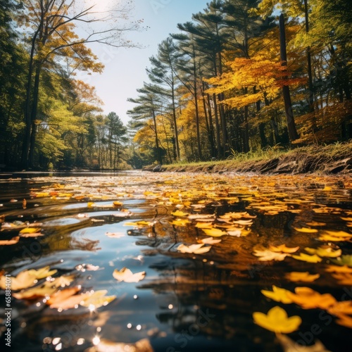 Yellow leaves flow along the river in the autumn forest