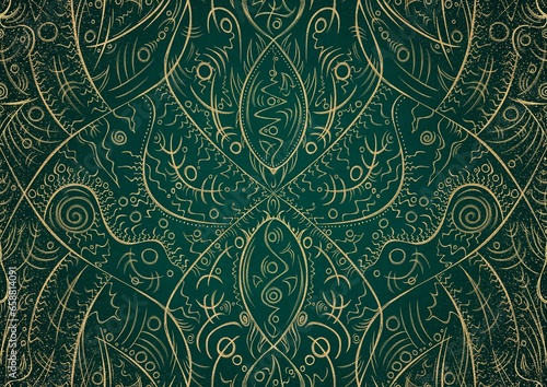 Hand-drawn unique abstract gold ornament on a dark green cold background, with vignette of darker background color and splatters of golden glitter. Paper texture. A4. (pattern: p08-2a)