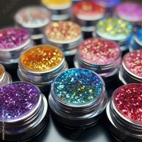 Close-up of glitter makeup jars.