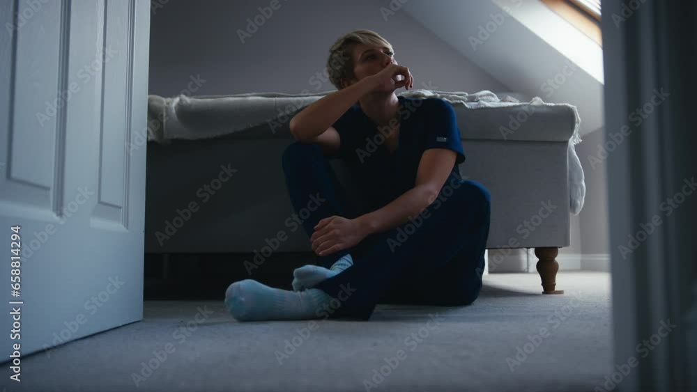 Unhappy woman wearing nurses uniform sitting on bedroom floor at home taking off ID lanyard and questioning career choice - shot in slow motion Unhappy woman wearing nurses uniform sitting on bedroom floor at home taking off ID lanyard and questioning career choice - shot in slow motion