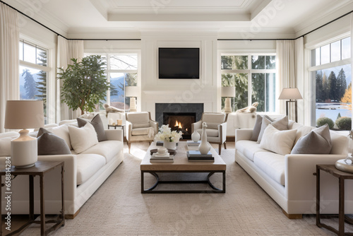 Luxurious Dwelling Harmony A Glimpse into an Elegant Living Room with Lustrous Hardwood Floors and a Cozy, Inviting Fireplace