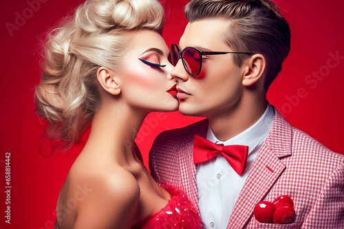baiser sophistiqué et tendance symbole de la Saint-Valentin entre un jeune homme et une jeune femme modernes et à la mode. photo
