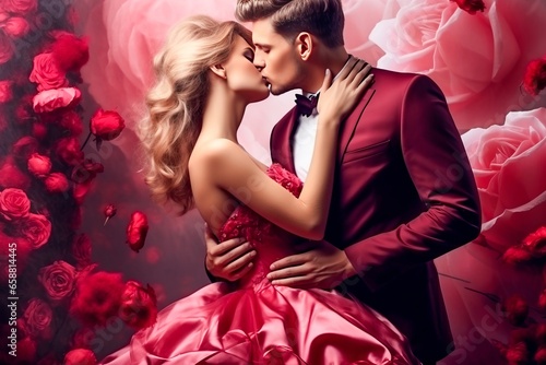 baiser d'un couple de jeunes amoureux sophistiqués pour la Saint-Valentin sur fond de fleurs roses.