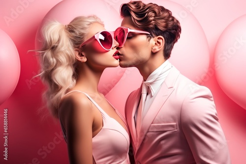baiser tendance et mode d'un couple de jeunes amoureux à la Saint-Valentin sur fond rose. photo