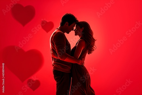 baiser d'un couple d'amoureux sur fond rouge s'embrassant à la Saint-Valentin.