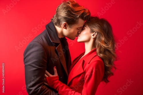 Baiser d un couple de jeunes amoureux    la Saint-Valentin sur fond rouge.