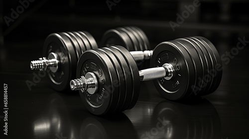  Collapsible dumbbells in the gym, equipment for sports and exercise. Spacious gym without people. Banner with space for copy space. Concept: strength and endurance exercises, weight training