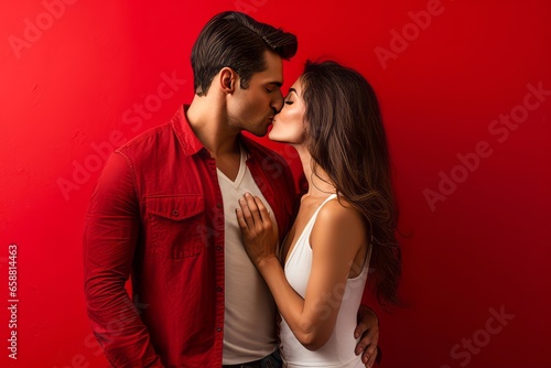 portrait d'un couple de jeunes amoureux s'embrassant à la Saint-Valentin.