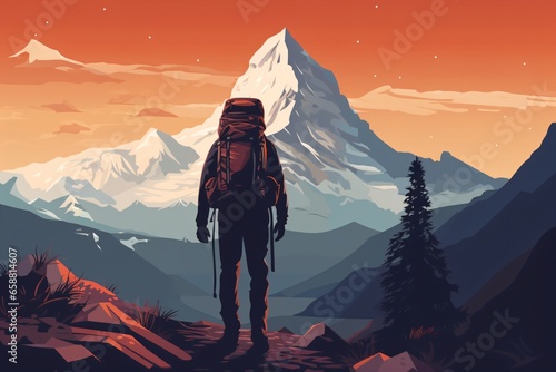 Graphic cartoon poster of a man hiking on the top of a mountain peak © Tarun