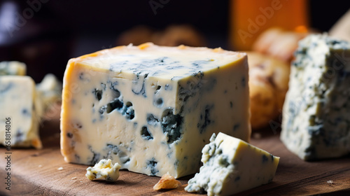 Blue gorgonzola cheese on rustic wooden background photo