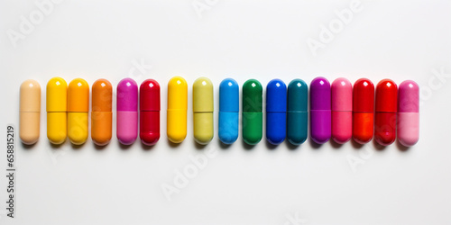 Banner for World Sexually Transmitted Disease Day of World Cancer Day. Tablets and capsules in all colors of the rainbow. Poster for pharmaceutical add