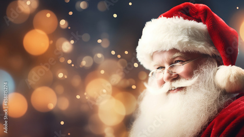 Santa Claus portrait in red outfit and Santa hat. Father Christmas on a backdrop of Christmas lights. © MNStudio