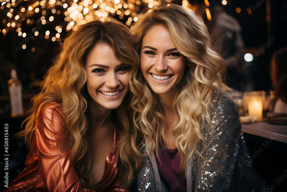 Two female friends celebrating New Years Eve. Young women wearing glittery outfits dancing at Christmas party.