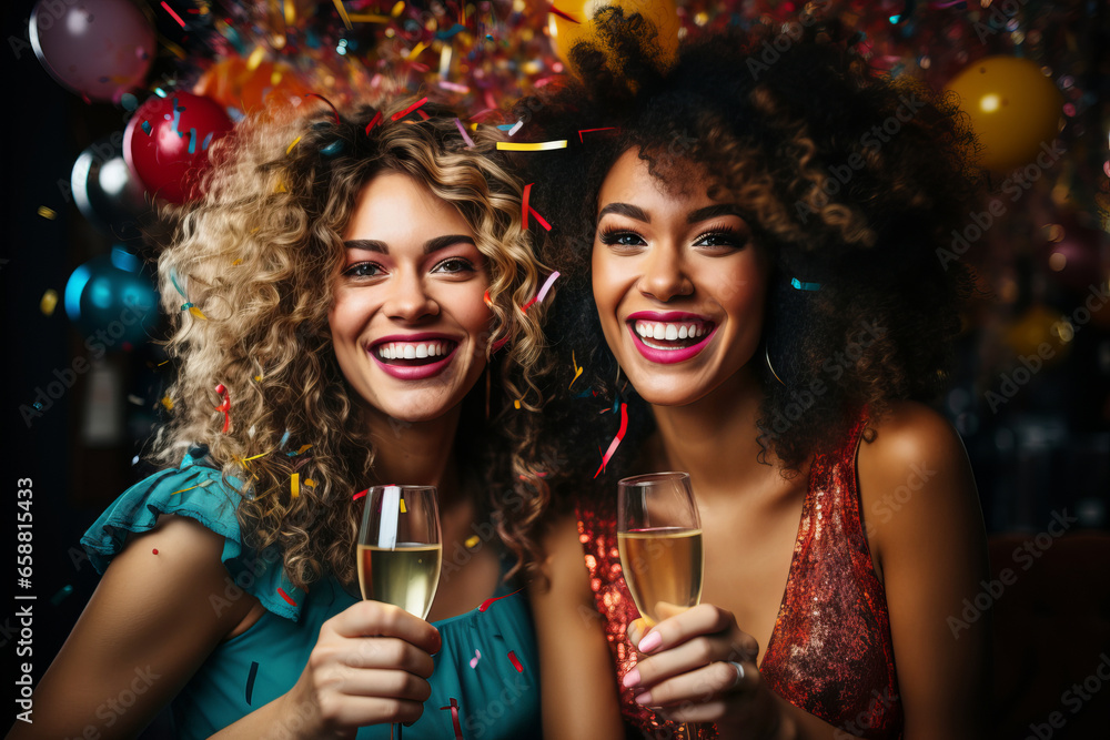 Two female friends celebrating New Years Eve. Young women wearing glittery outfits dancing at Christmas party.