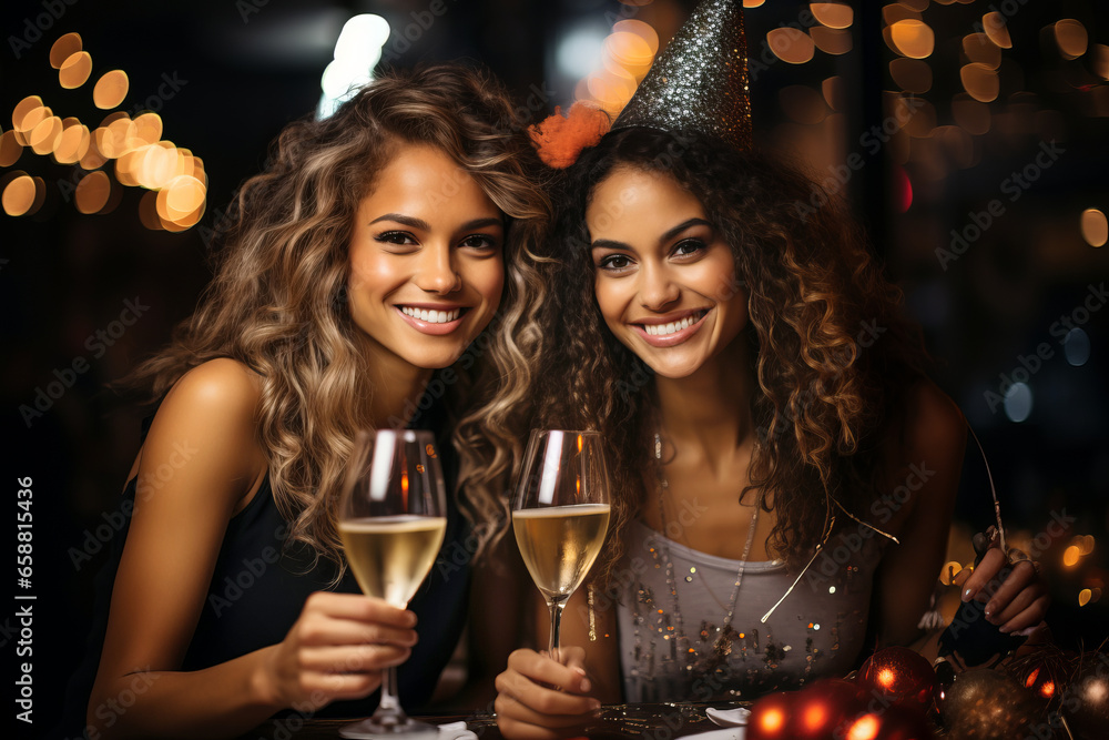 Two female friends celebrating New Years Eve. Young women wearing glittery outfits dancing at Christmas party. Two female friends celebrating New Years Eve. Young women wearing glittery outfits dancing at Christmas party.