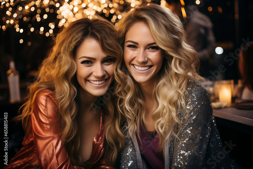 Two female friends celebrating New Years Eve. Young women wearing glittery outfits dancing at Christmas party.