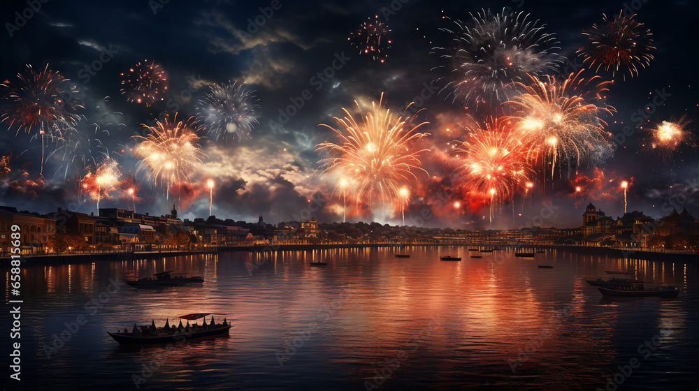 Vibrant Burst of New Year's Fireworks Illuminating the Night Sky